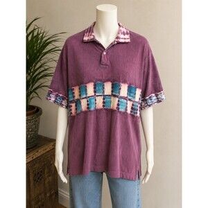 Vintage 90s Tie Dye Golf Polo Shirt Purple Teal Cotton Oversized Men’s L